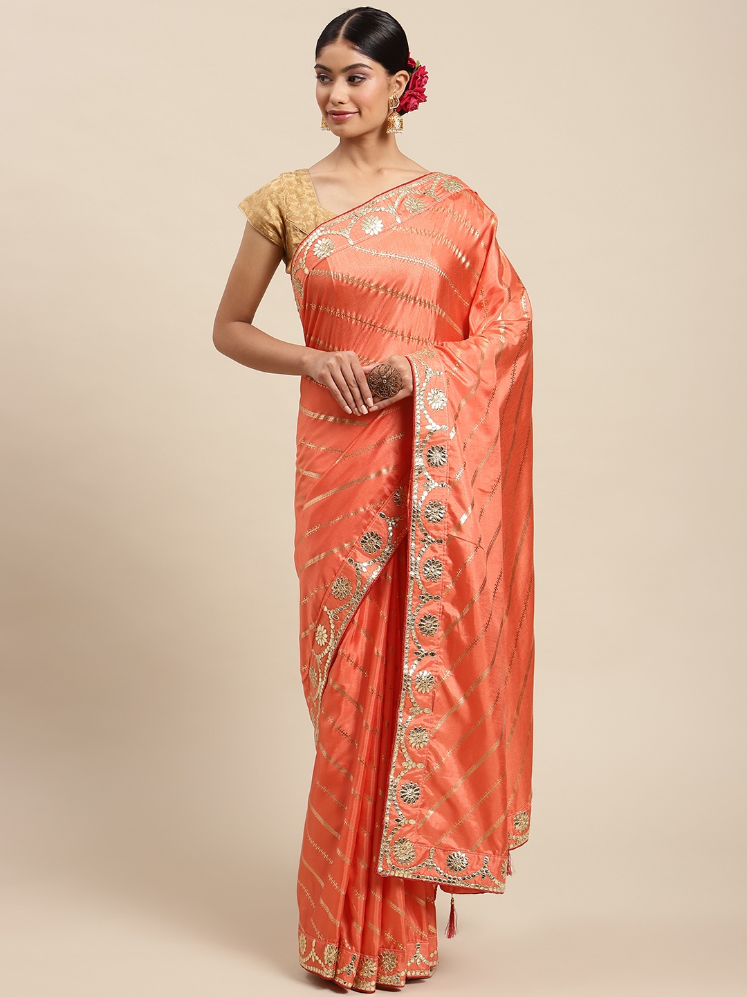 

SWADHA FASHIONS Coral Orange Striped Gotta Patti Art Silk Kota Saree