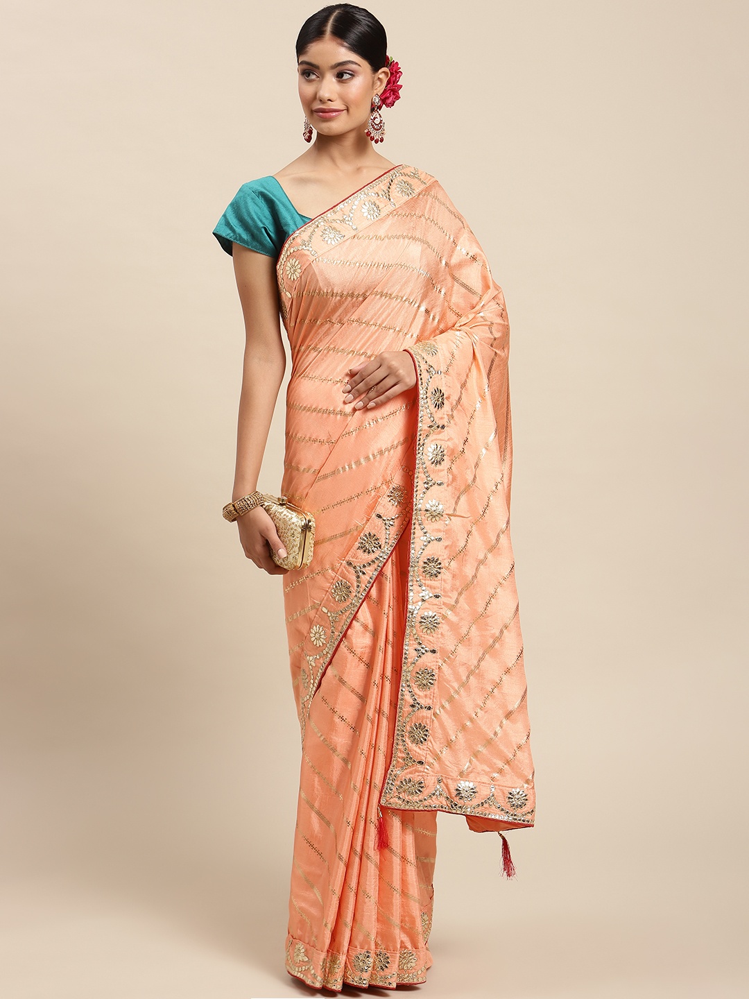 

SWADHA FASHIONS Peach-Coloured Striped Gotta Patti Art Silk Kota Saree