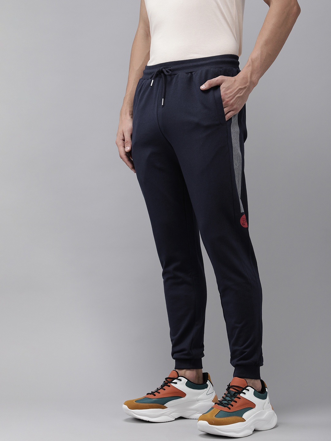 

Van Heusen ACADEMY Men Navy Blue Solid Slim Fit Pure Cotton Joggers With Side Stripes