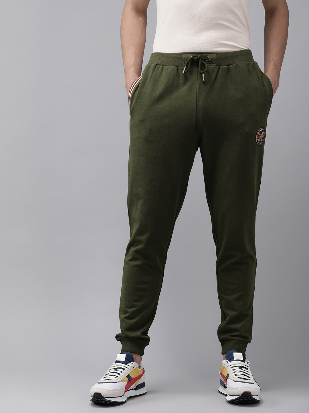 

Van Heusen ACADEMY Men Olive Green Brand Logo Printed Slim Fit Pure Cotton Regular Joggers