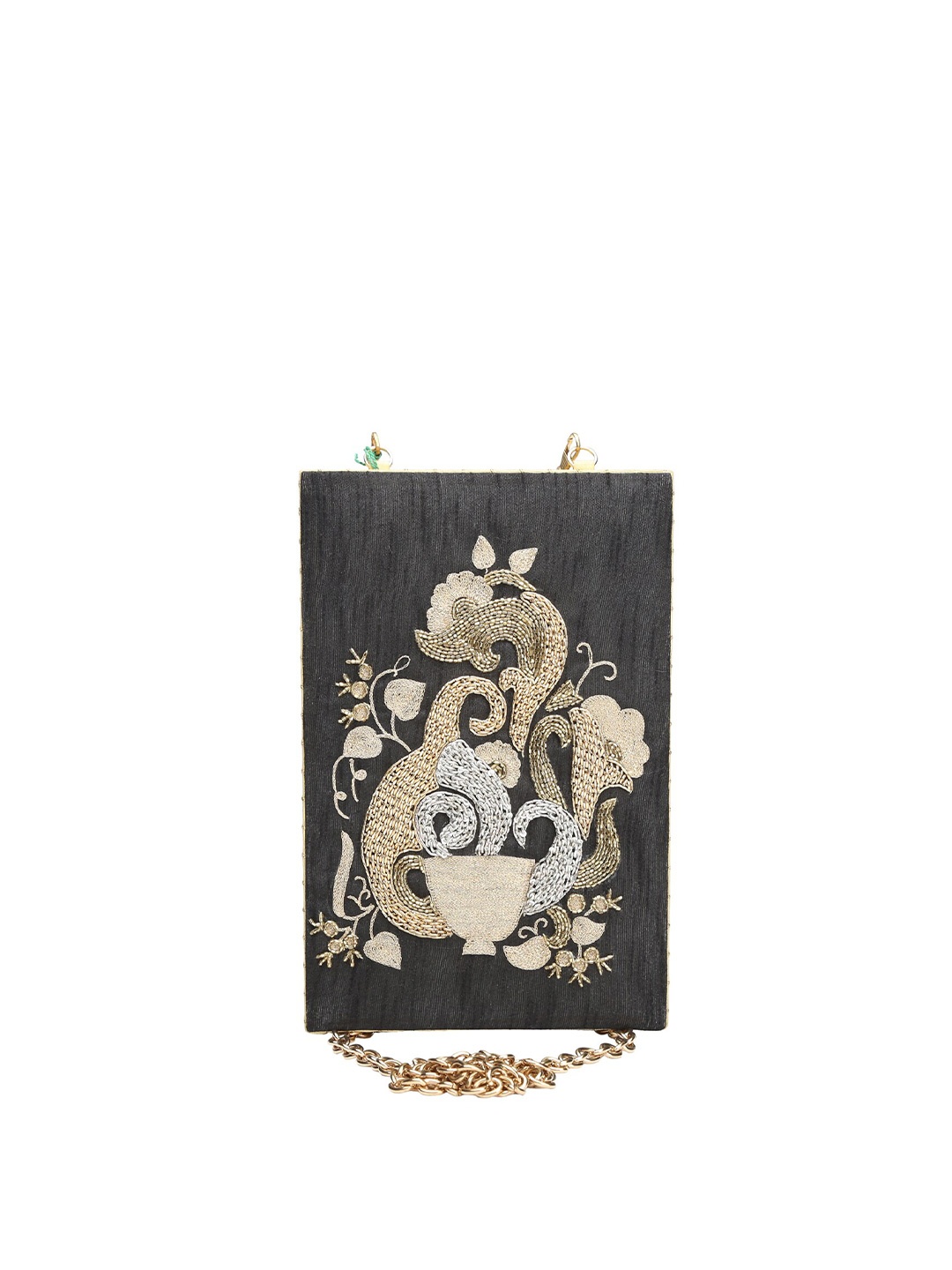 

The Purple Sack Black & Beige Embroidered Box Clutch