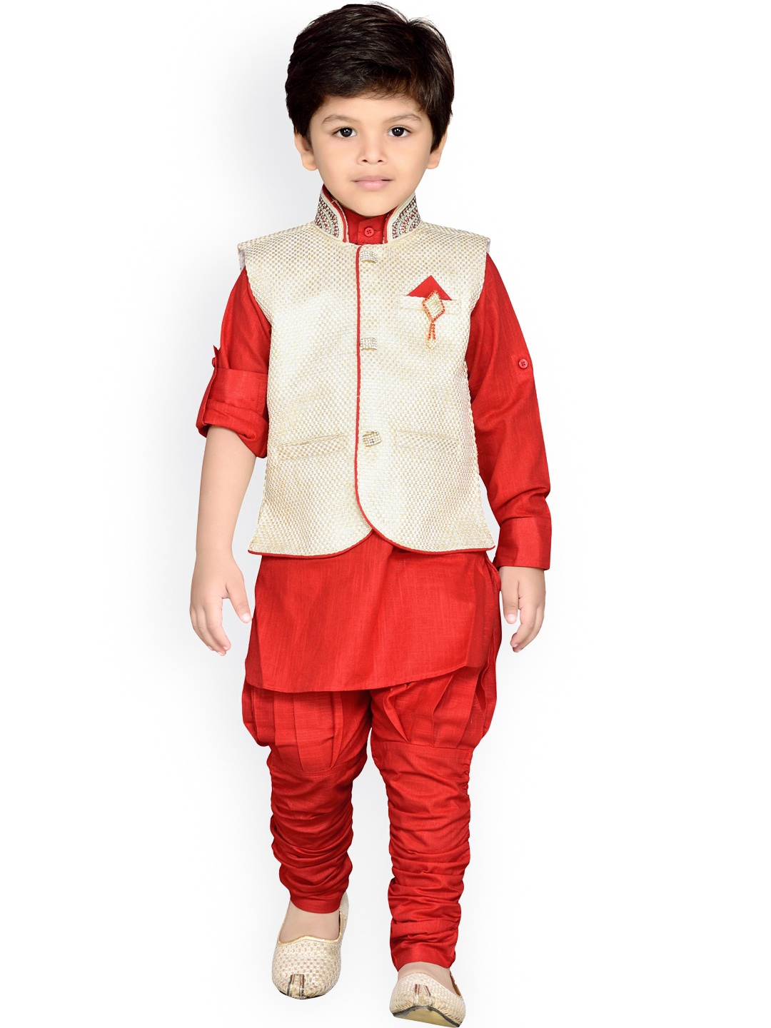 

Aj DEZInES Boys Red & Beige Solid Kurta with Jodhpuri Pants & Waistcoat