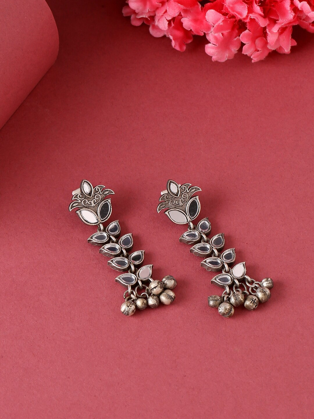 

VIRAASI Silver-Toned Oxidised Mirror Work Drop Earrings