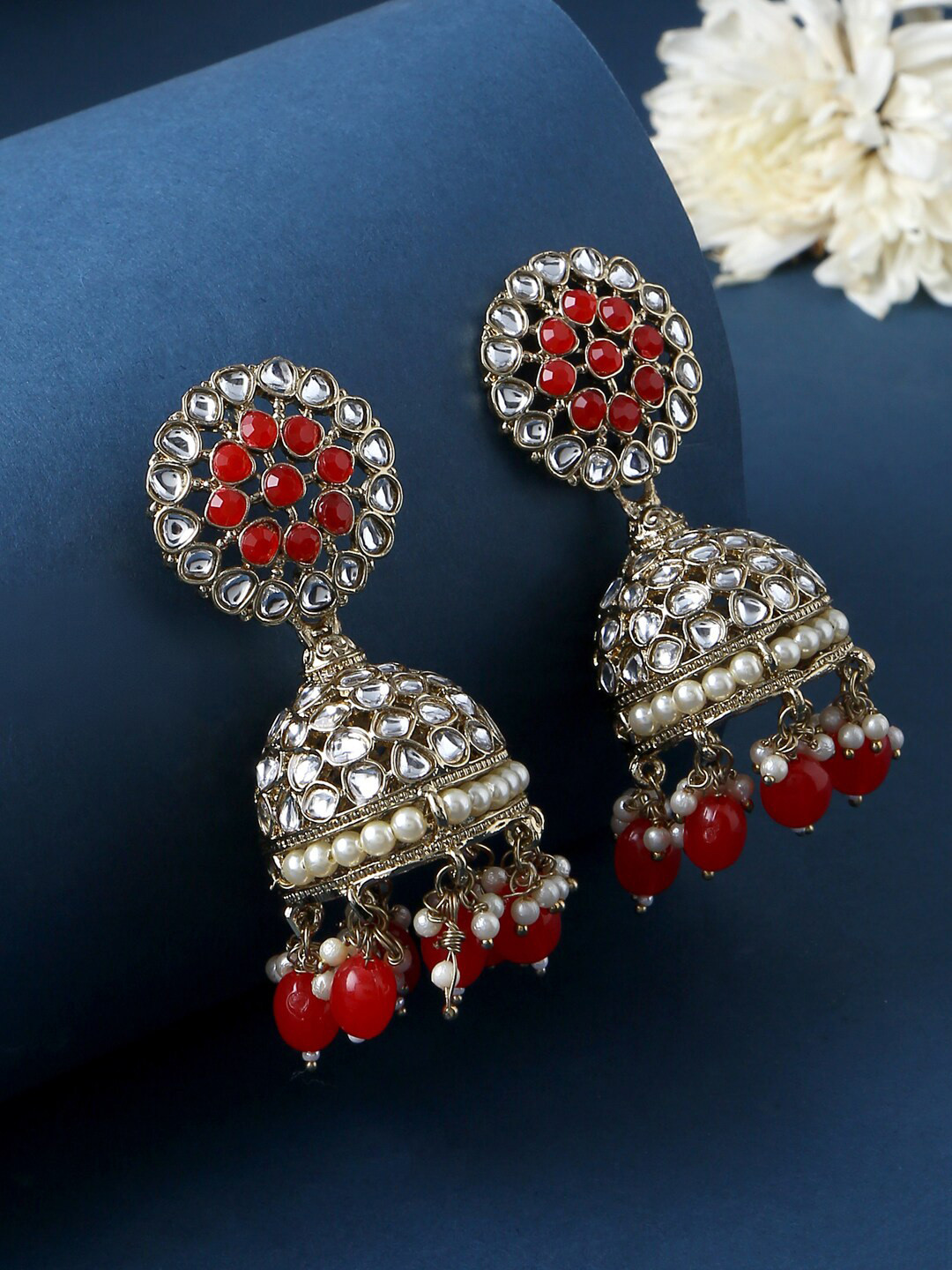 

VIRAASI Red Kundan Studded Jhumkas Earrings