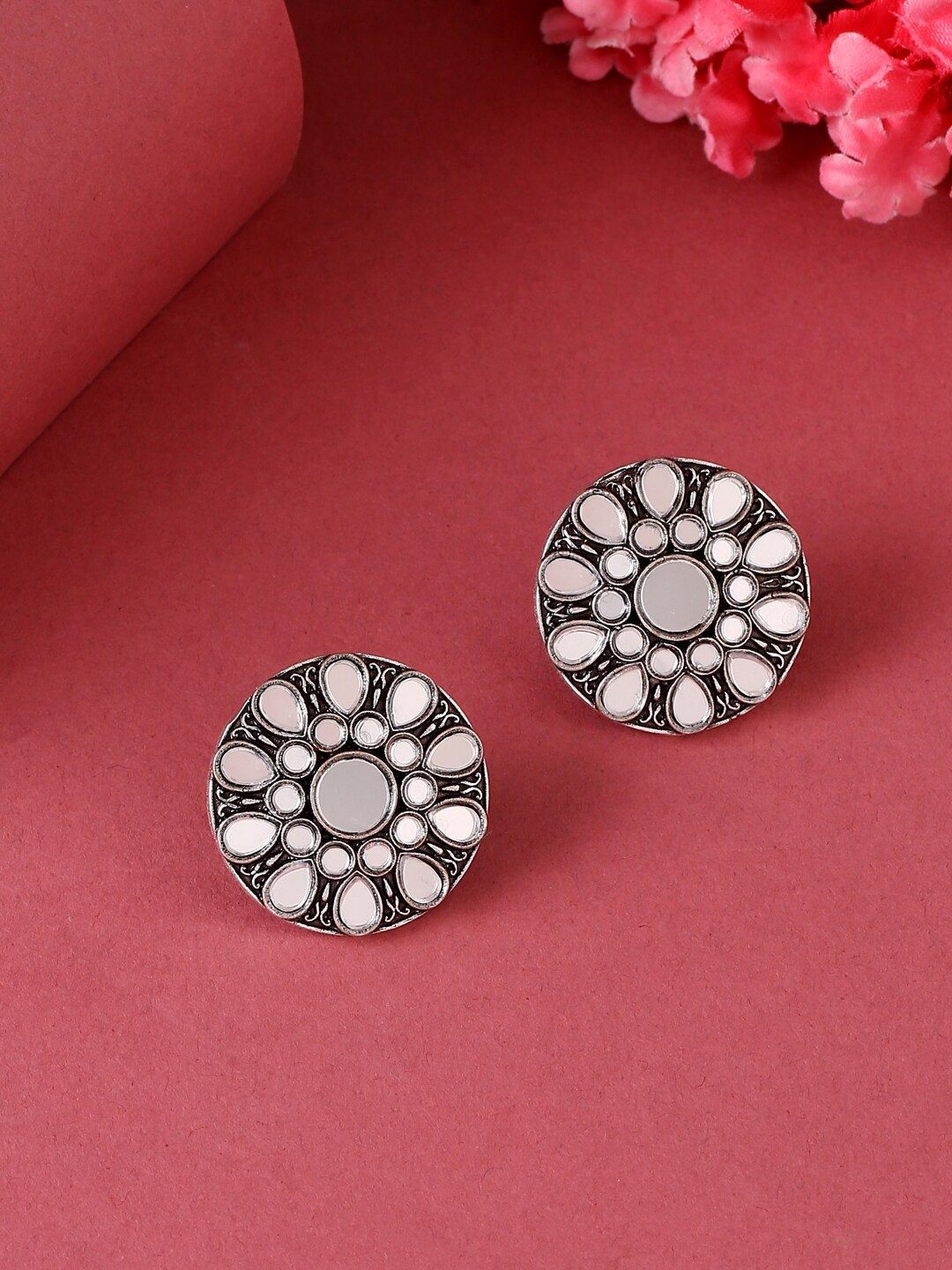 

VIRAASI Silver-Toned Oxidised Mirror Work Studs Earrings