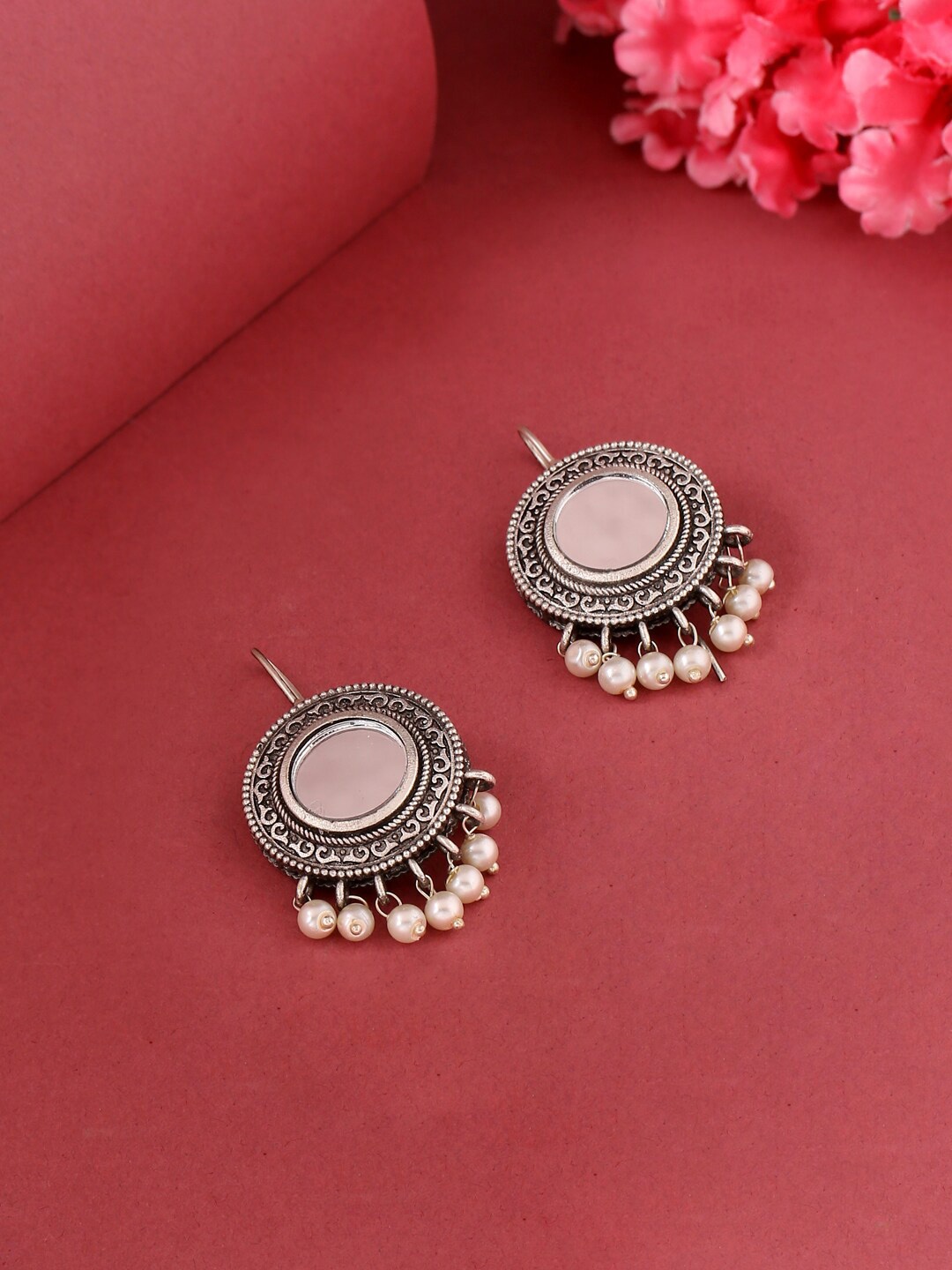 

VIRAASI Silver-Toned Oxidised Mirror Work Drop Earrings