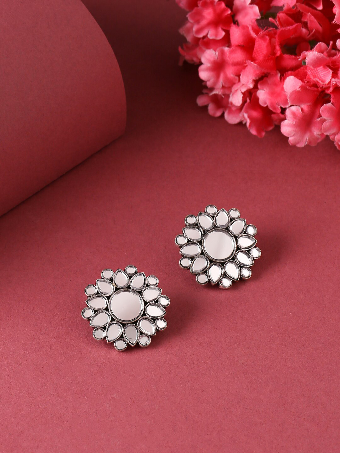 

VIRAASI Silver-Toned Oxidised Mirror Work Studs Earrings