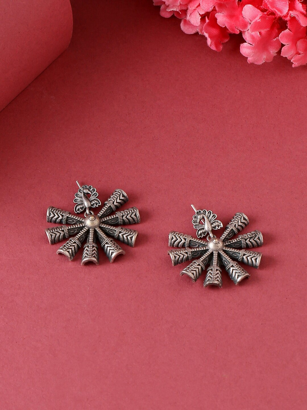 

VIRAASI Silver-Toned Oxidised Floral Studs Earrings
