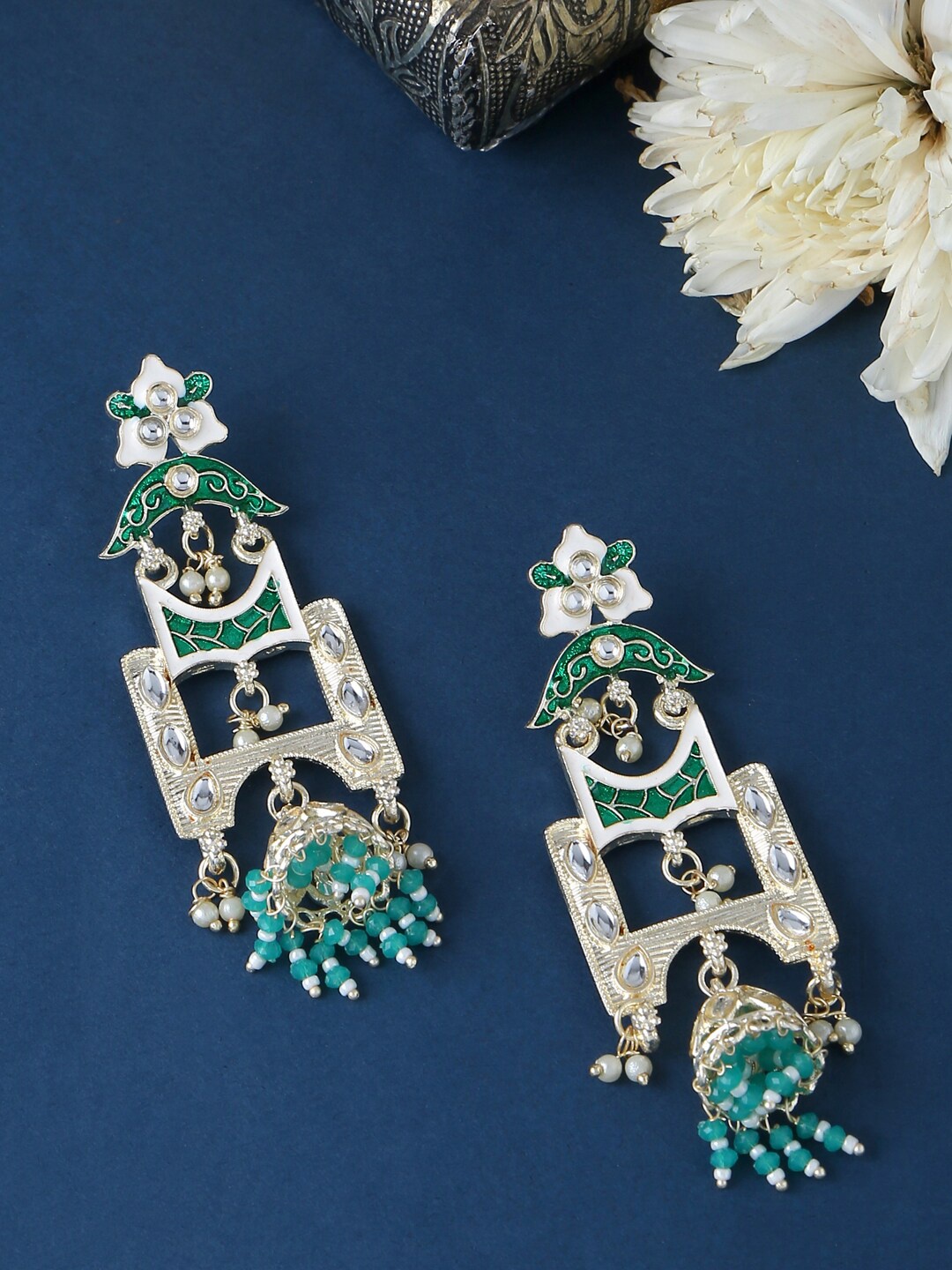 

VIRAASI Green Meenakari Jhumkas Earrings