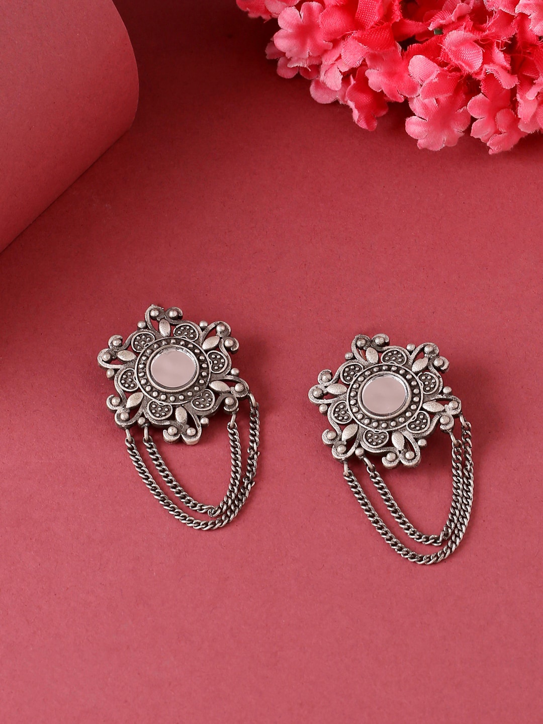 

VIRAASI Silver-Toned Oxidised Mirror Work Drop Earrings