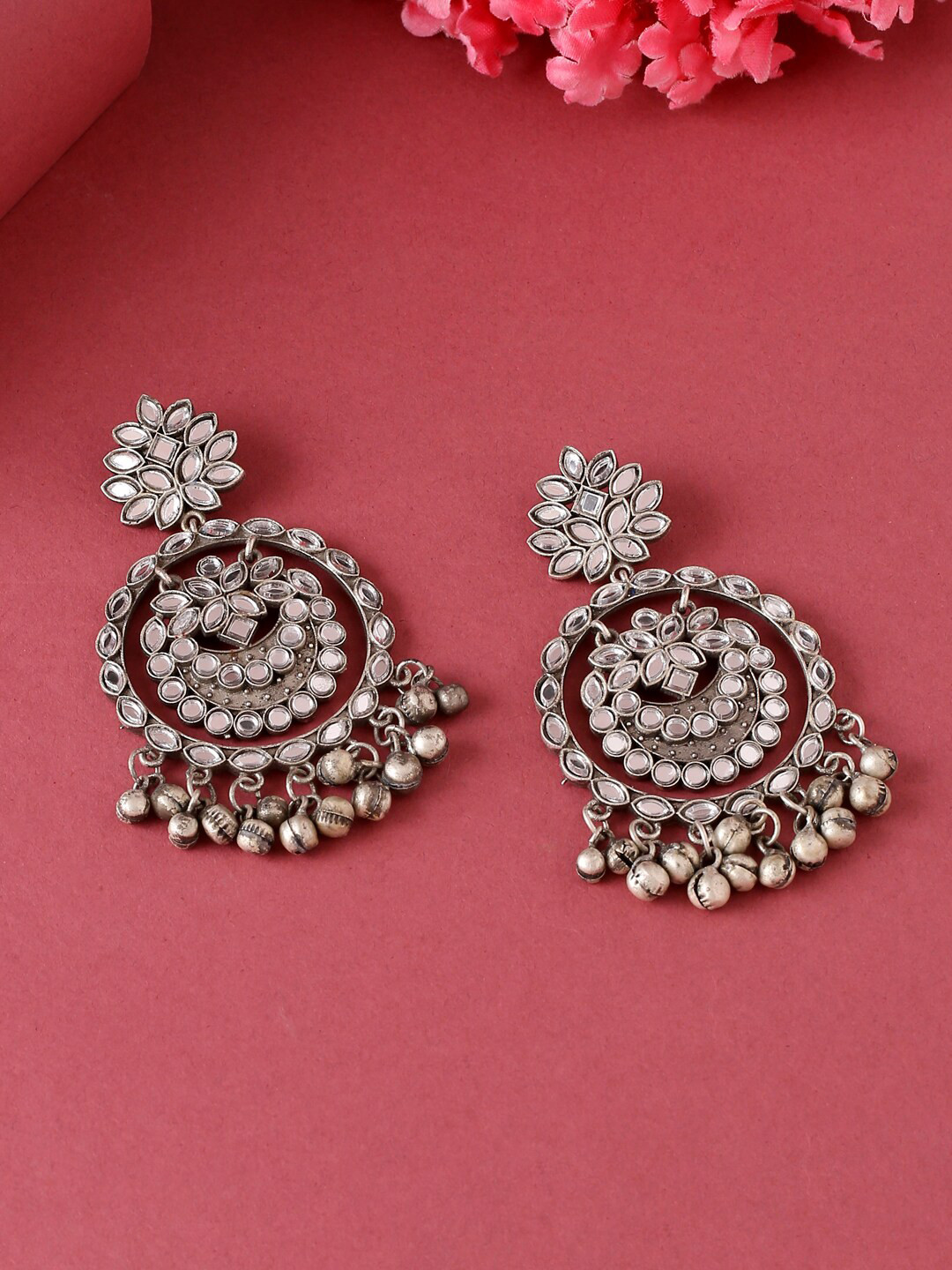 

VIRAASI Silver-Toned Oxidised Mirror Work Chandbalis Earrings