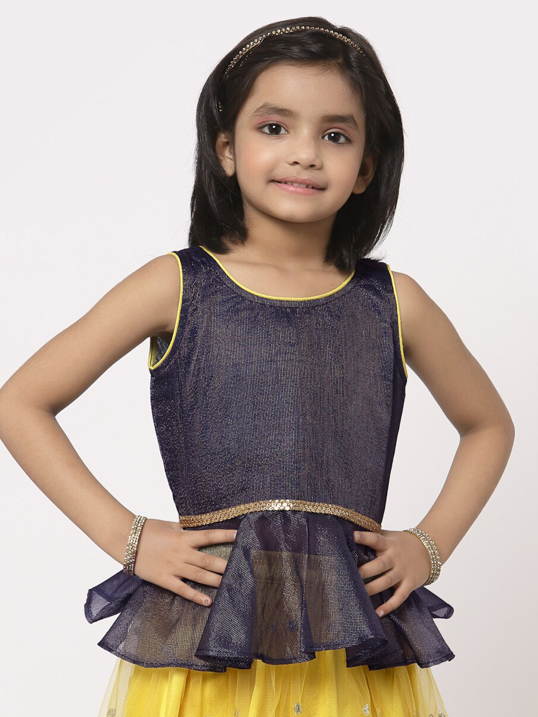 

studio rasa Girls Navy Blue Embellished Sheen Sheer Net Peplum Top