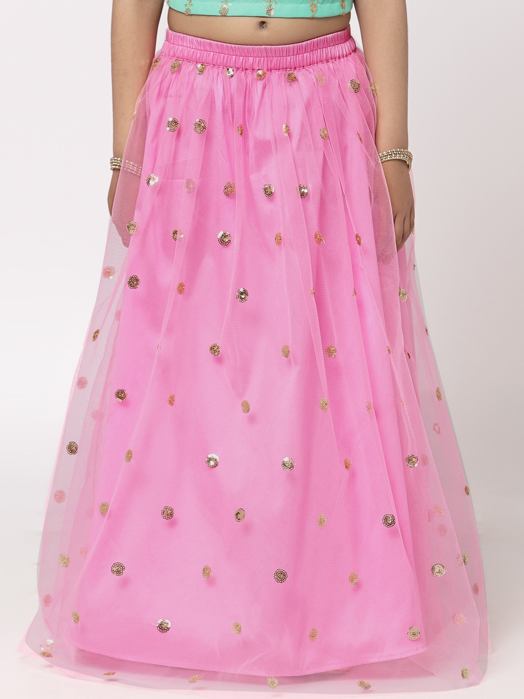 

studio rasa Girls Pink Sequins Embellished Flared Net Maxi-Skirt