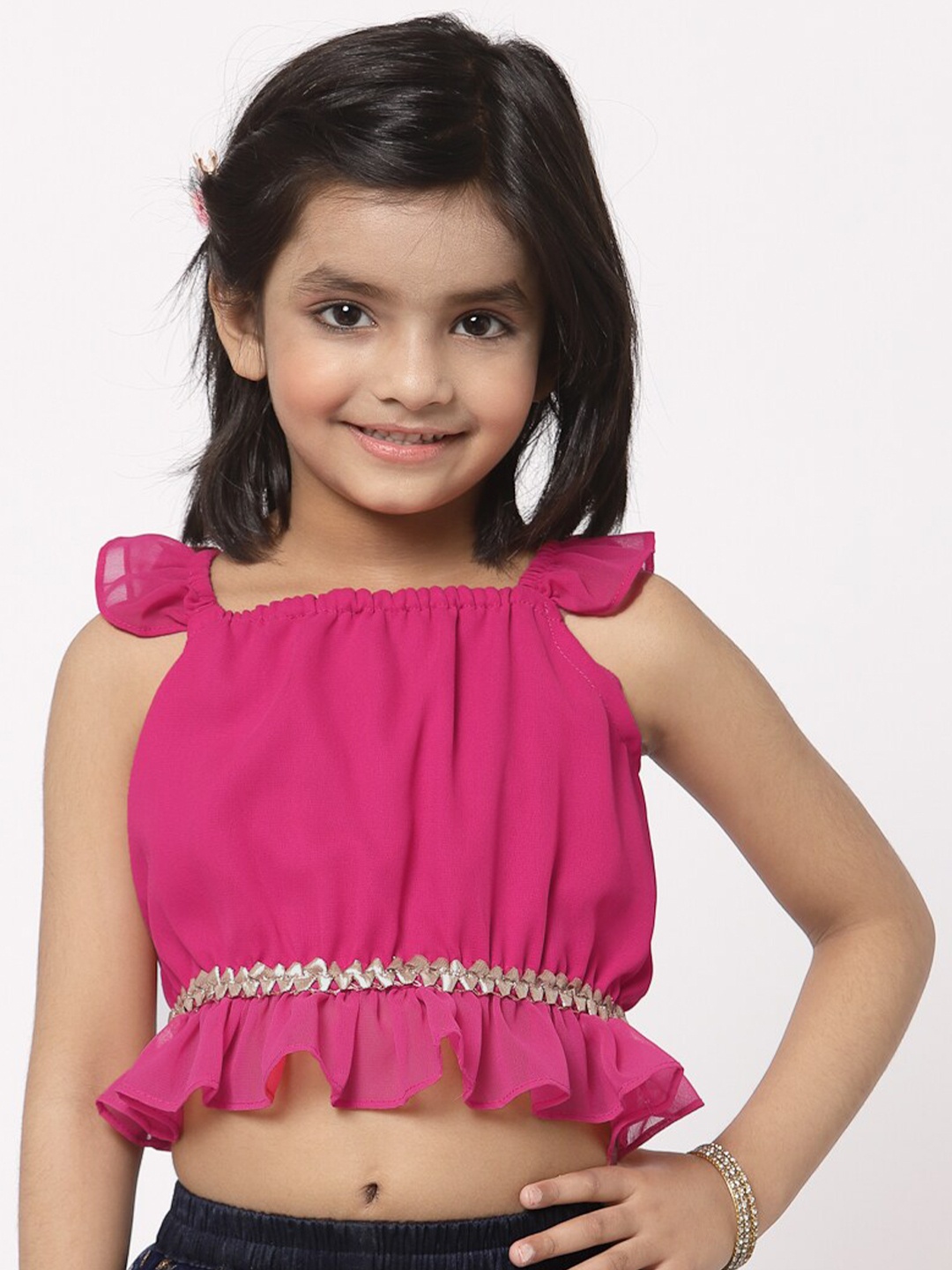 studio rasa Girls Pink Ruffles Georgette Cinched Waist Crop Top