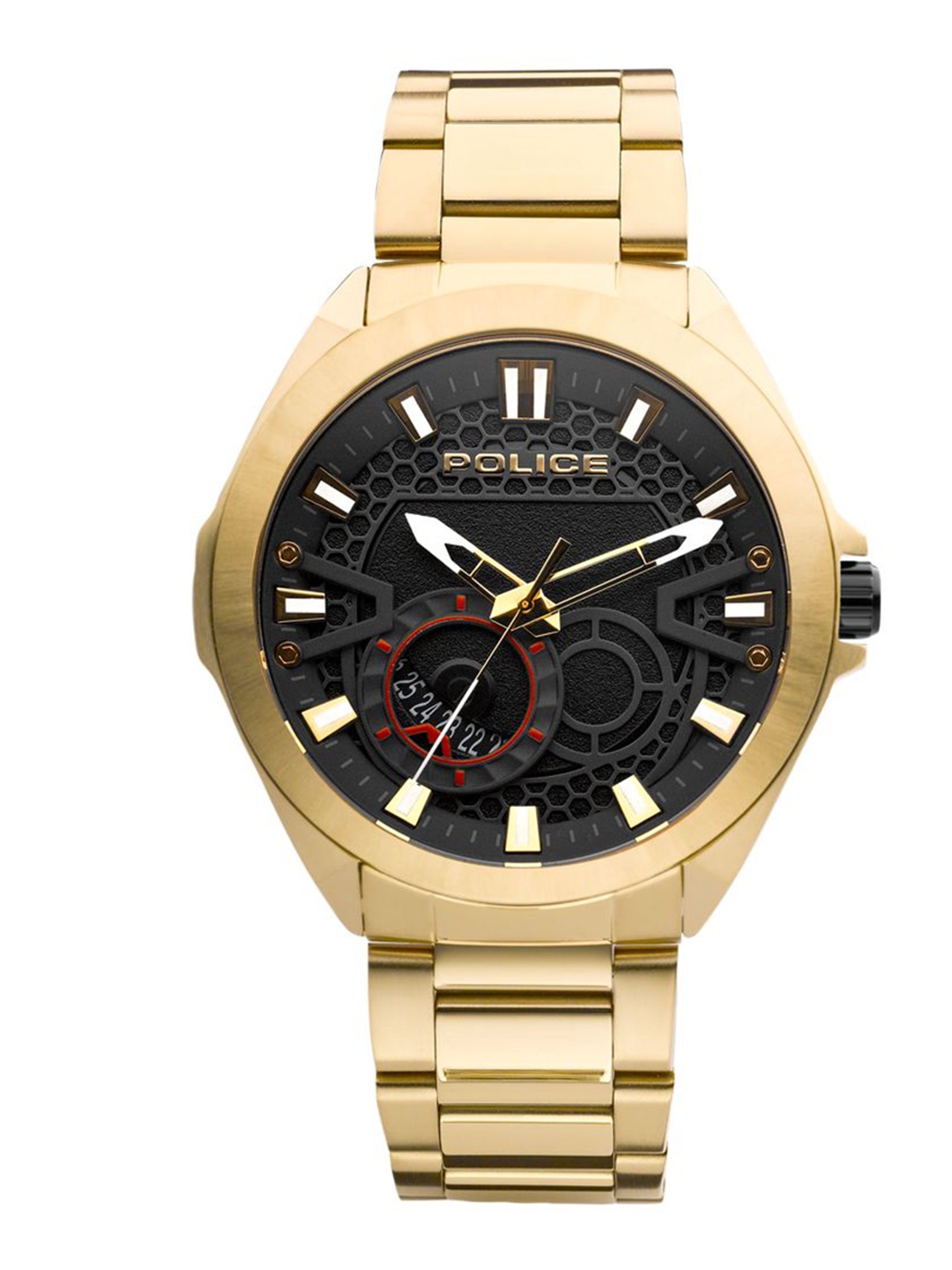

Police Men Black Dial & Gold Toned Stainless Steel Bracelet Style Straps Analogue Watch