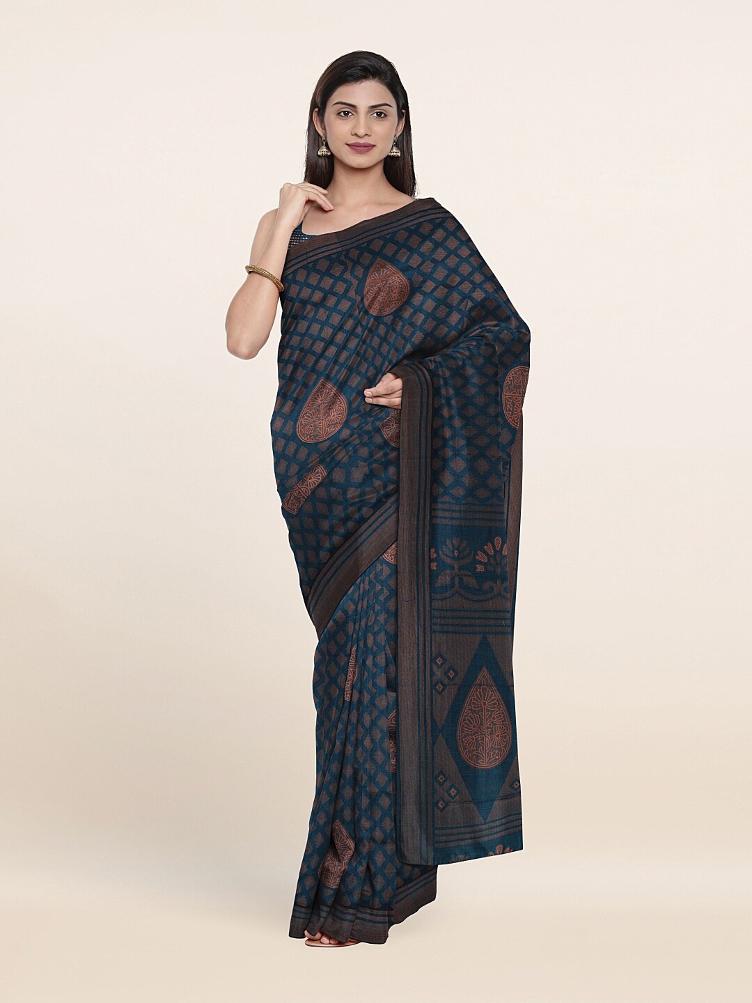 

Pothys Teal Blue & Brown Ethnic Motifs Poly Chiffon Saree