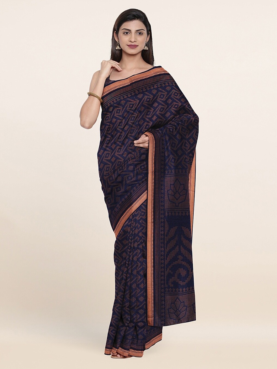 

Pothys Navy Blue & Brown Printed Zari Saree