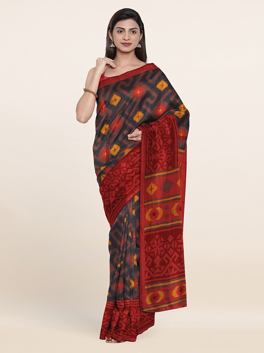 

Pothys Charcoal Grey & Red Printed Saree