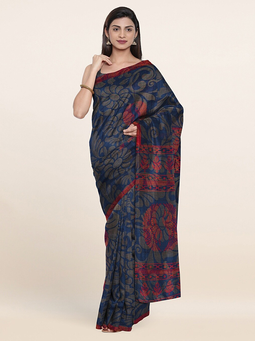 

Pothys Navy Blue & Red Floral Saree