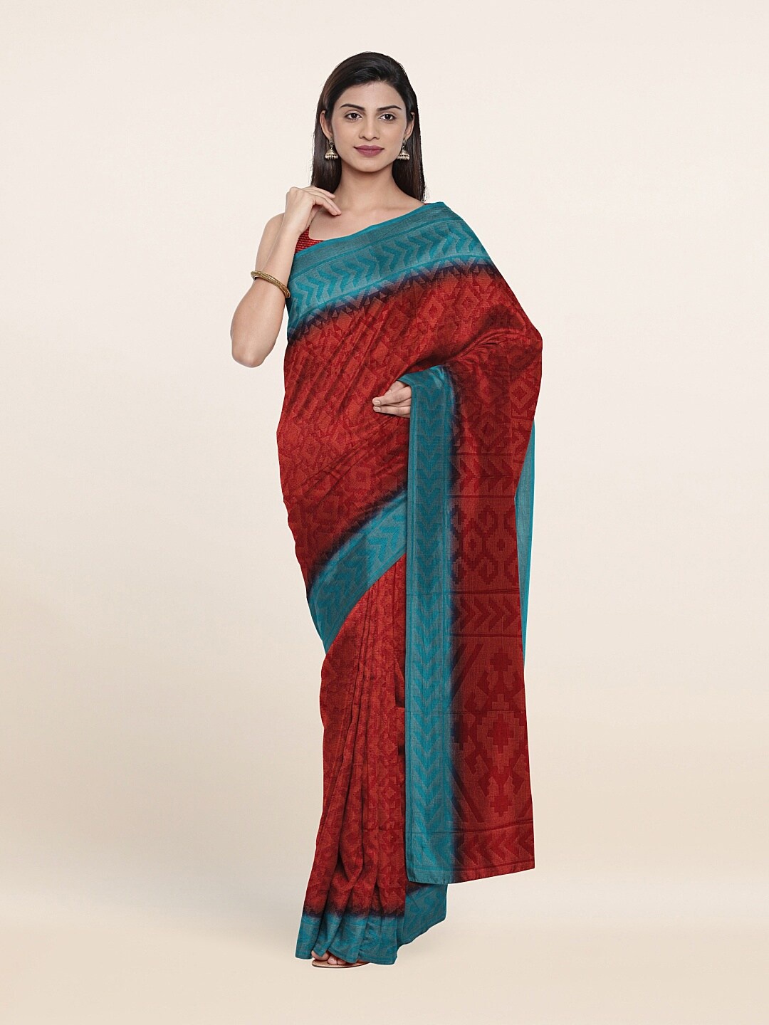 

Pothys Maroon & Turquoise Blue Printed Poly Chiffon Saree