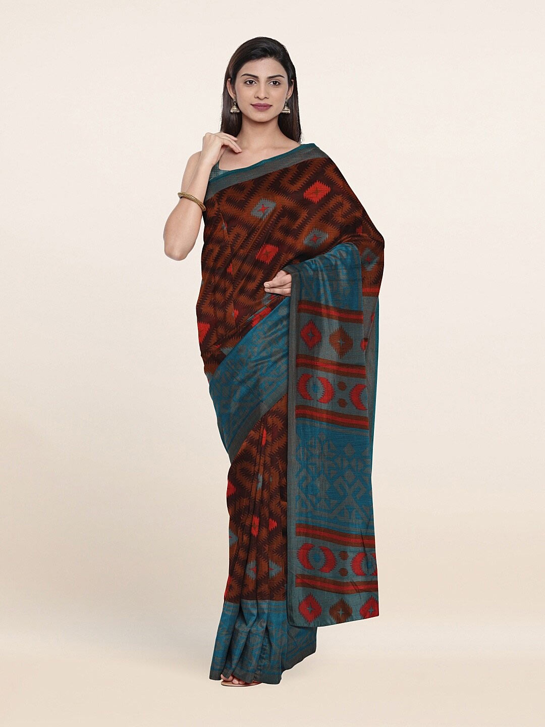 

Pothys Brown & Blue Geometric Printed Saree