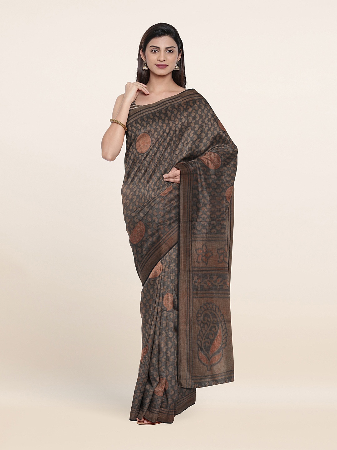 

Pothys Grey & Orange Paisley Saree
