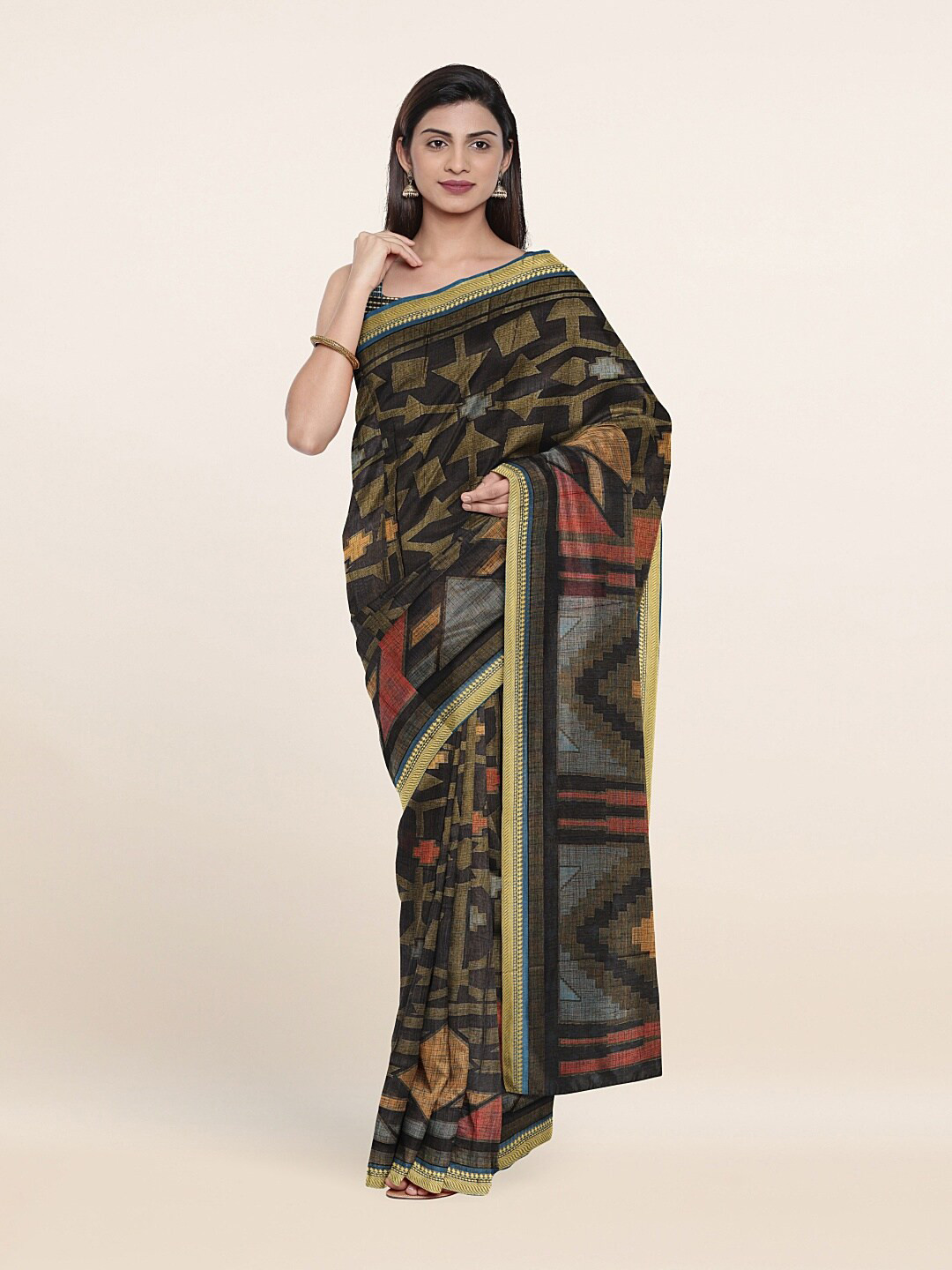 

Pothys Black & Red Geometric Print Zari Saree
