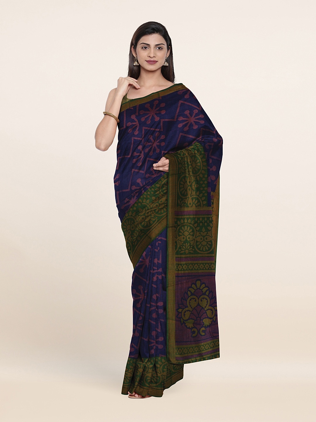 

Pothys Navy Blue & Green Ethnic Motifs Saree
