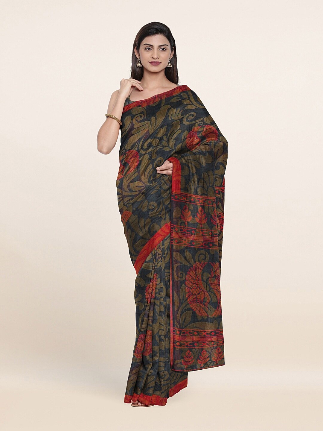 

Pothys Grey & Red Floral Zari Saree