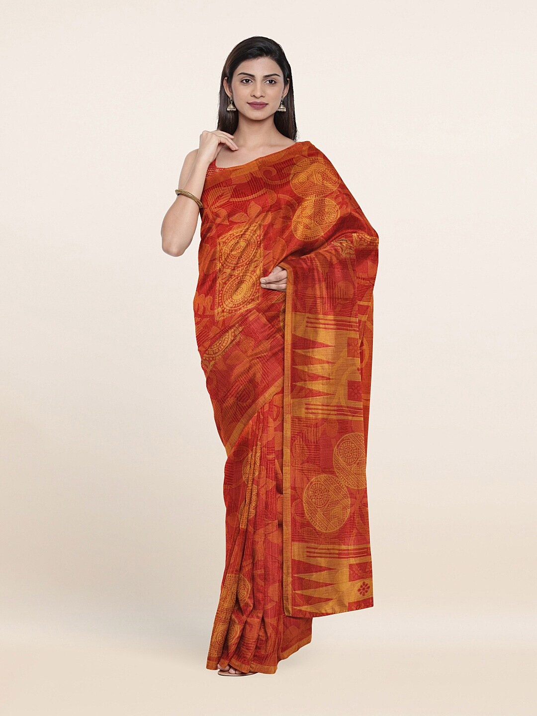 

Pothys Red & Yellow Geometric Print Saree