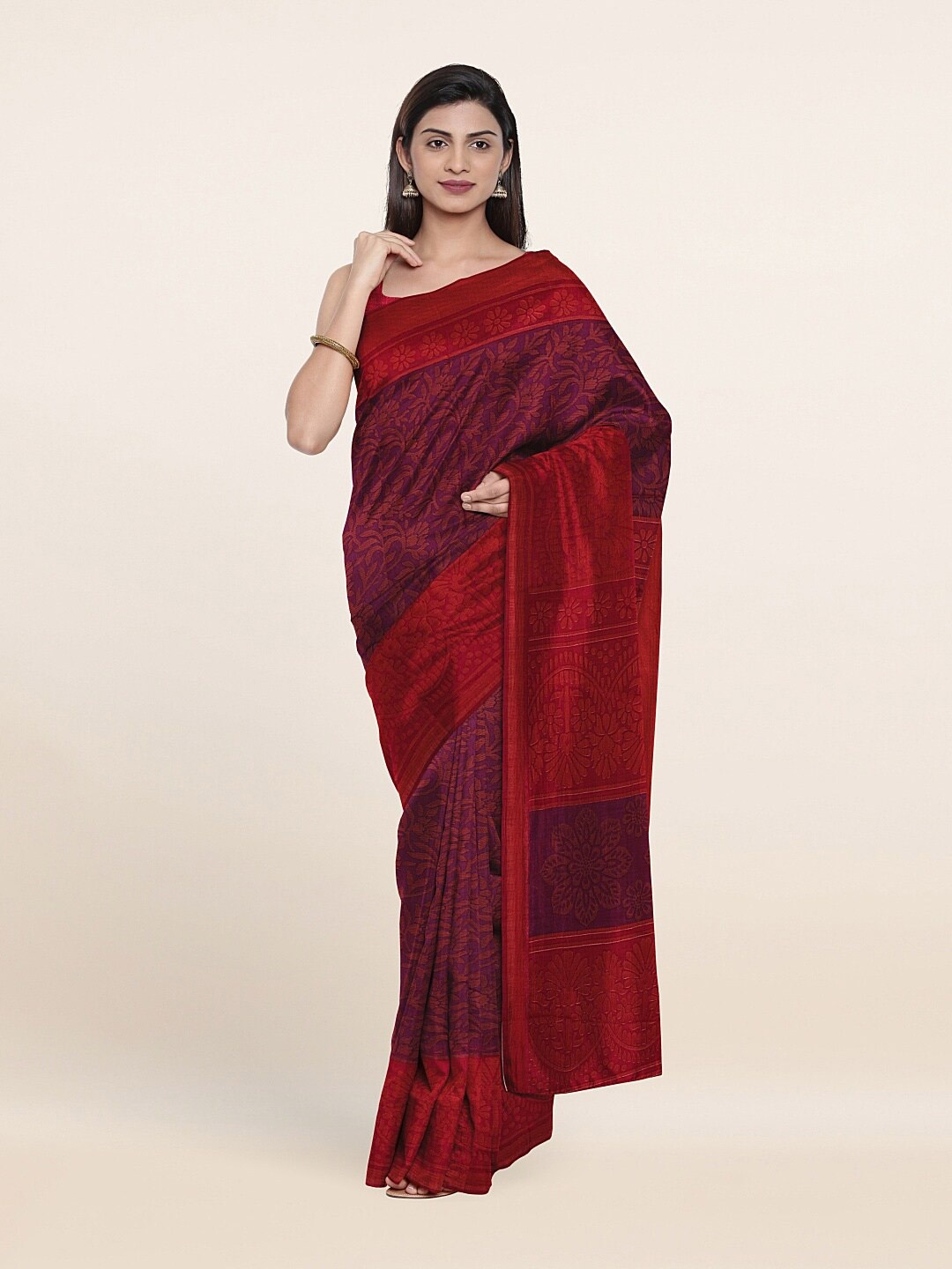 

Pothys Purple & Red Ethnic Motifs Poly Chiffon Saree