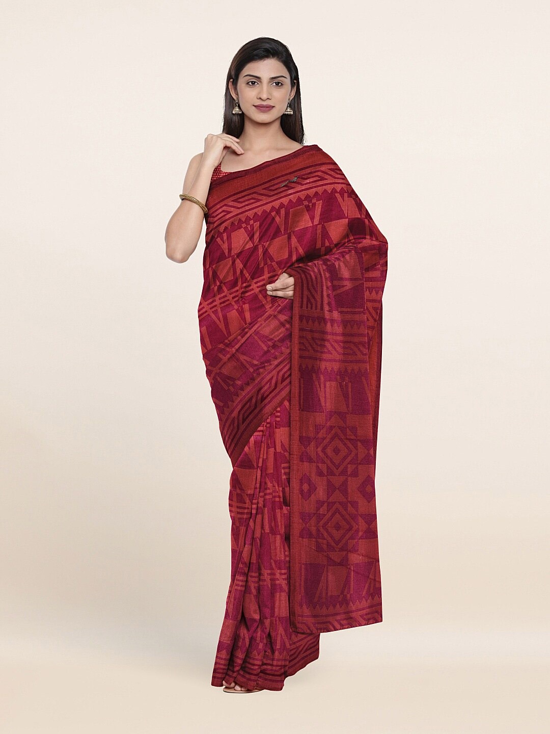

Pothys Pink & Rust Poly Chiffon Saree