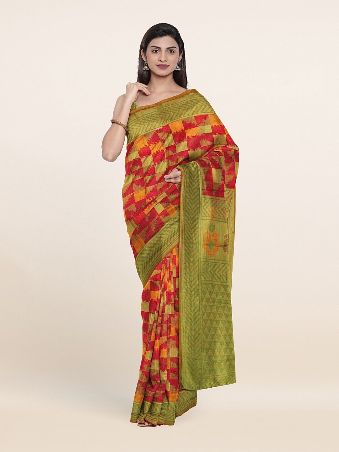 

Pothys Red & Yellow Printed Poly Chiffon Saree