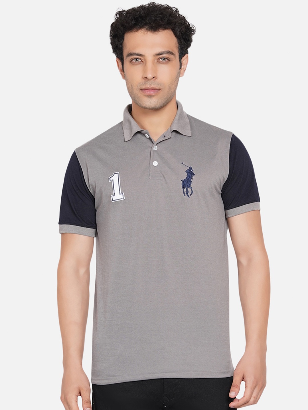 

Dais Men Grey Colourblocked Polo Collar T-shirt