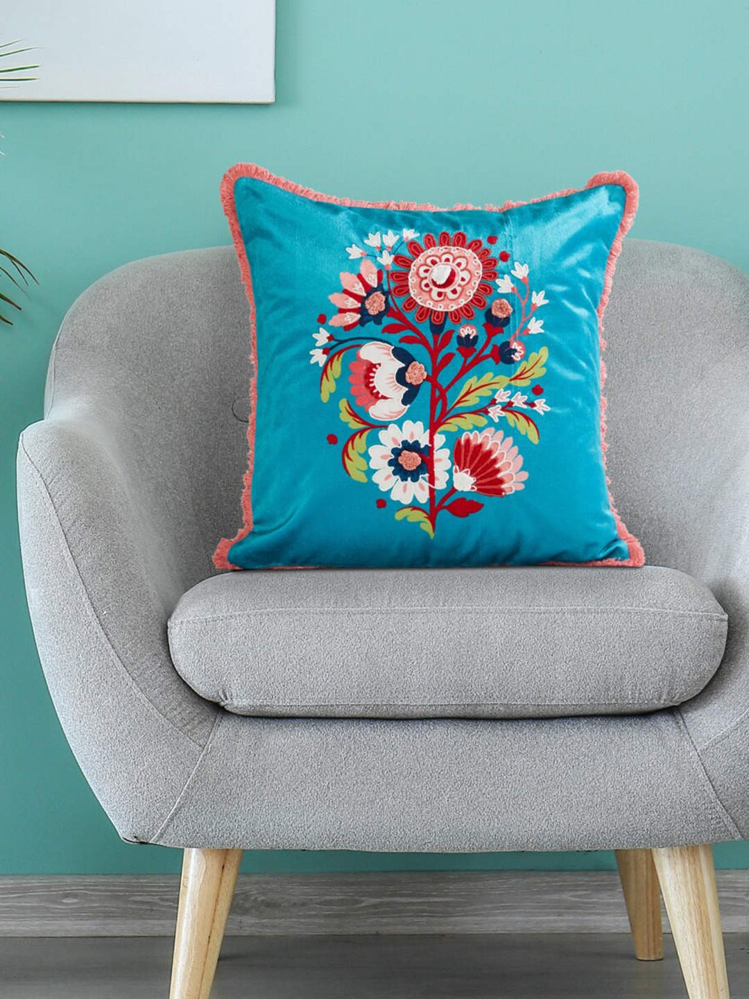 

Home Centre Blue & Red Embroidered Square Cushion Cover