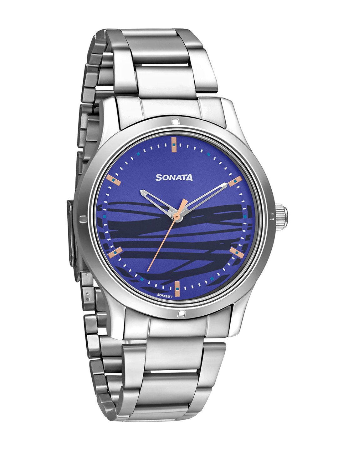 

Sonata Women Blue Brass Printed Dial & Silver Toned Stainless Steel Bracelet Style Straps Analogue Watch 8183SM03