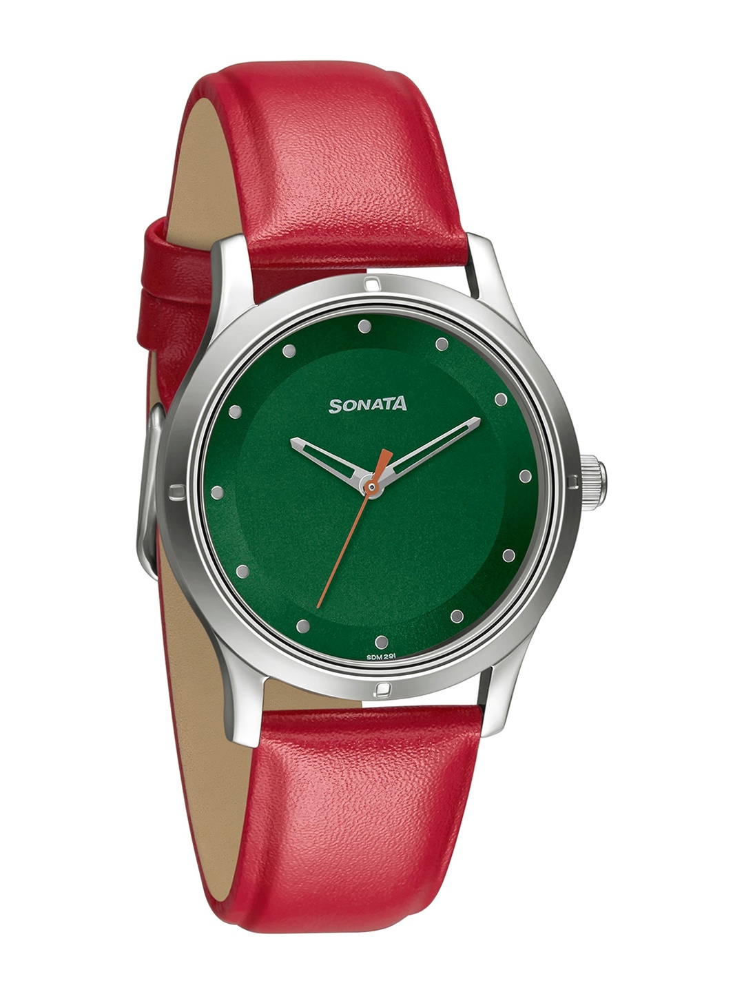 

Sonata Women Green Brass Embellished Dial & Red Leather Straps Analogue Watch 8183SL02