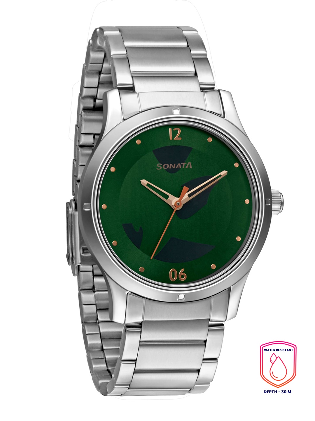 

Sonata Women Green Brass Dial & Silver Toned Stainless Steel Bracelet Style Straps Analogue Watch 8183SM01