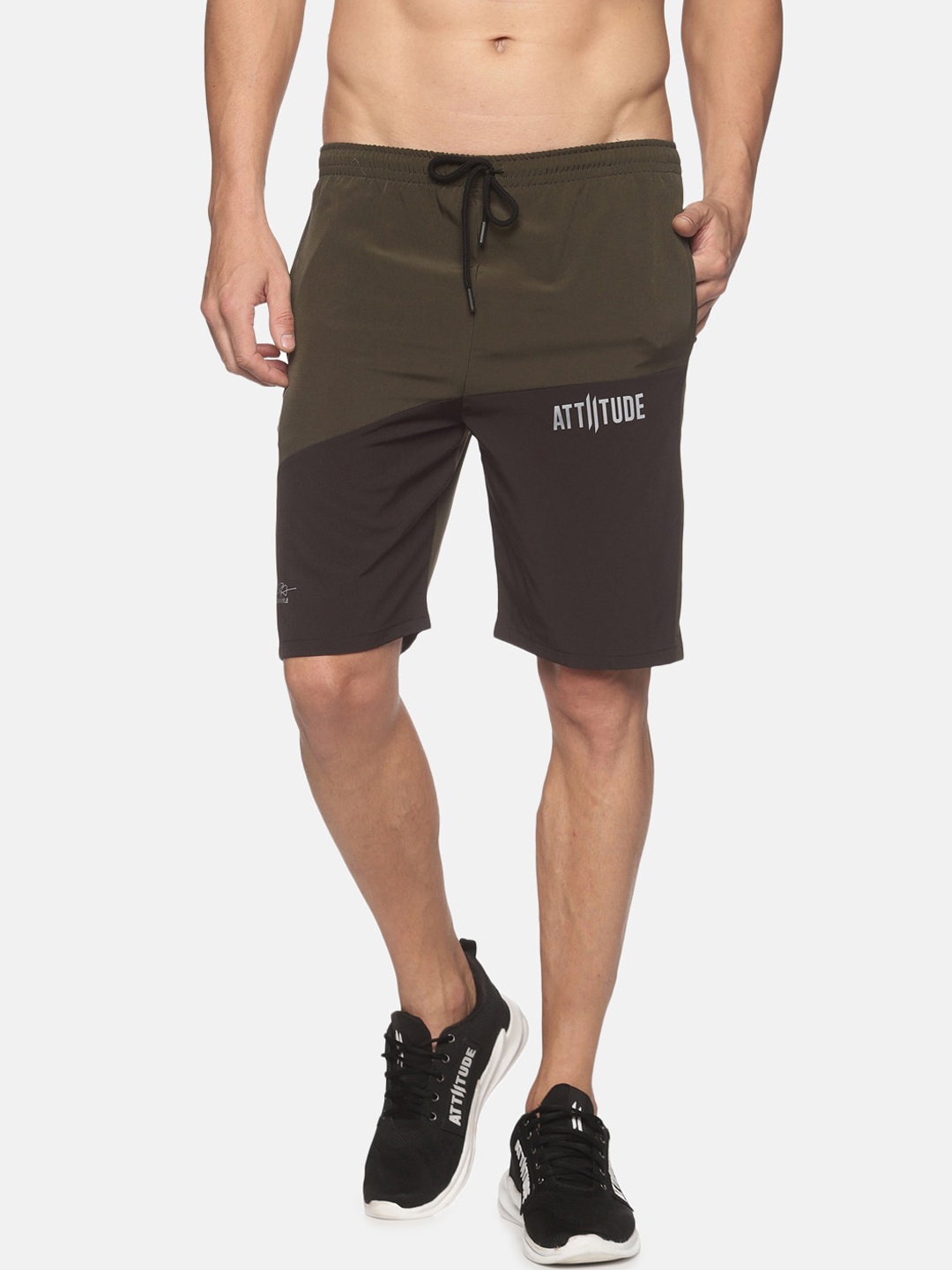 

ATTIITUDE Men Olive Green Colourblocked Slim Fit Low-Rise Sports Shorts