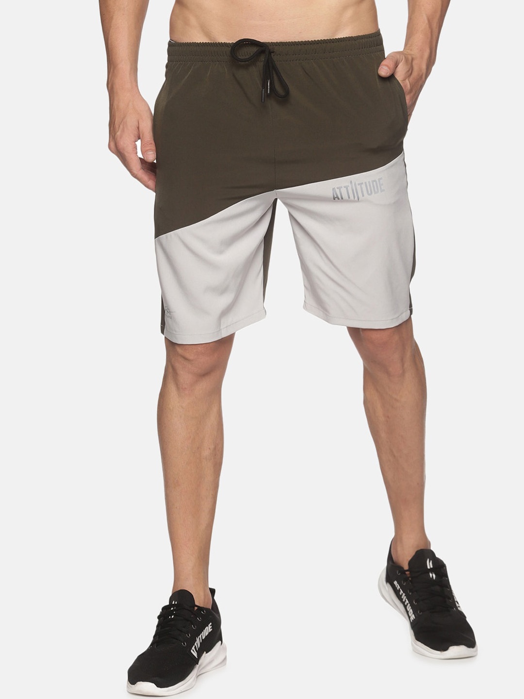 

ATTIITUDE Men Olive Green Colourblocked Slim Fit Low-Rise Sports Shorts