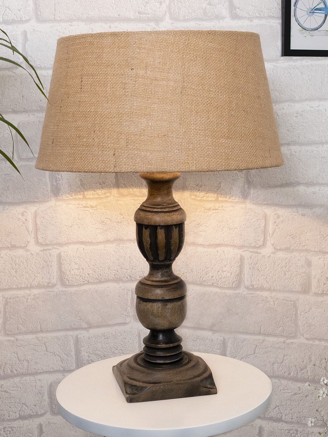 

Homesake Beige Antique Carved Table lamp with Empire Jute Shade