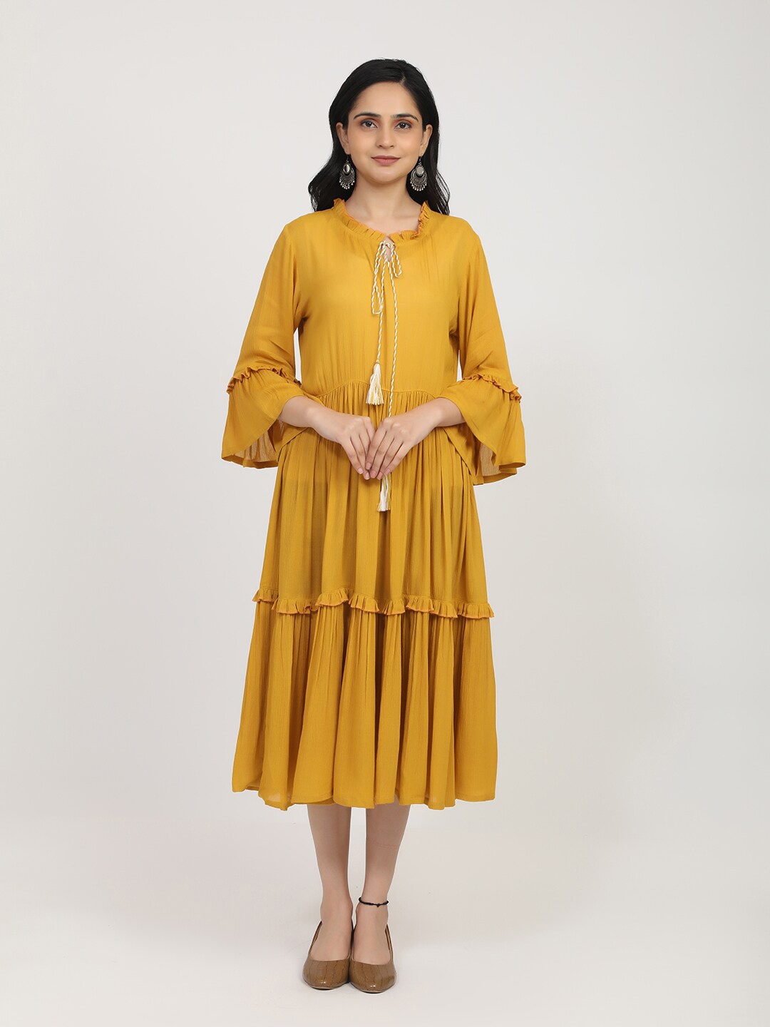

Bhama Couture Women Mustard Yellow Tie-Up Neck Midi Dress