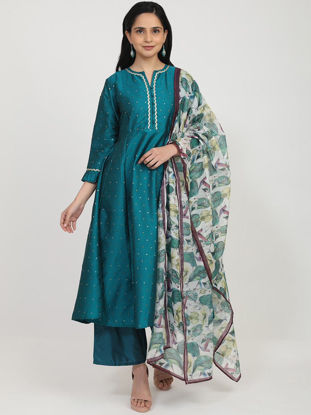 

Bhama Couture Women Teal Printed Kurta with Palazzos & With Dupatta