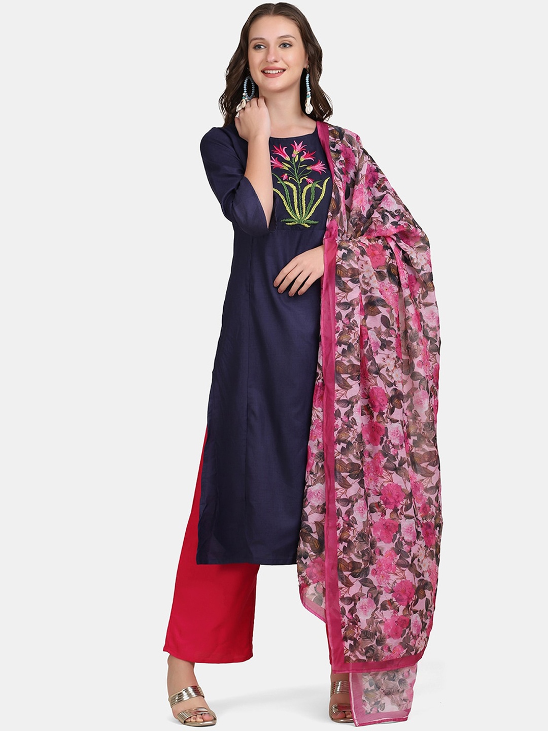 

Bhama Couture Women Navy Blue & Pink Kurta with Palazzos & With Dupatta