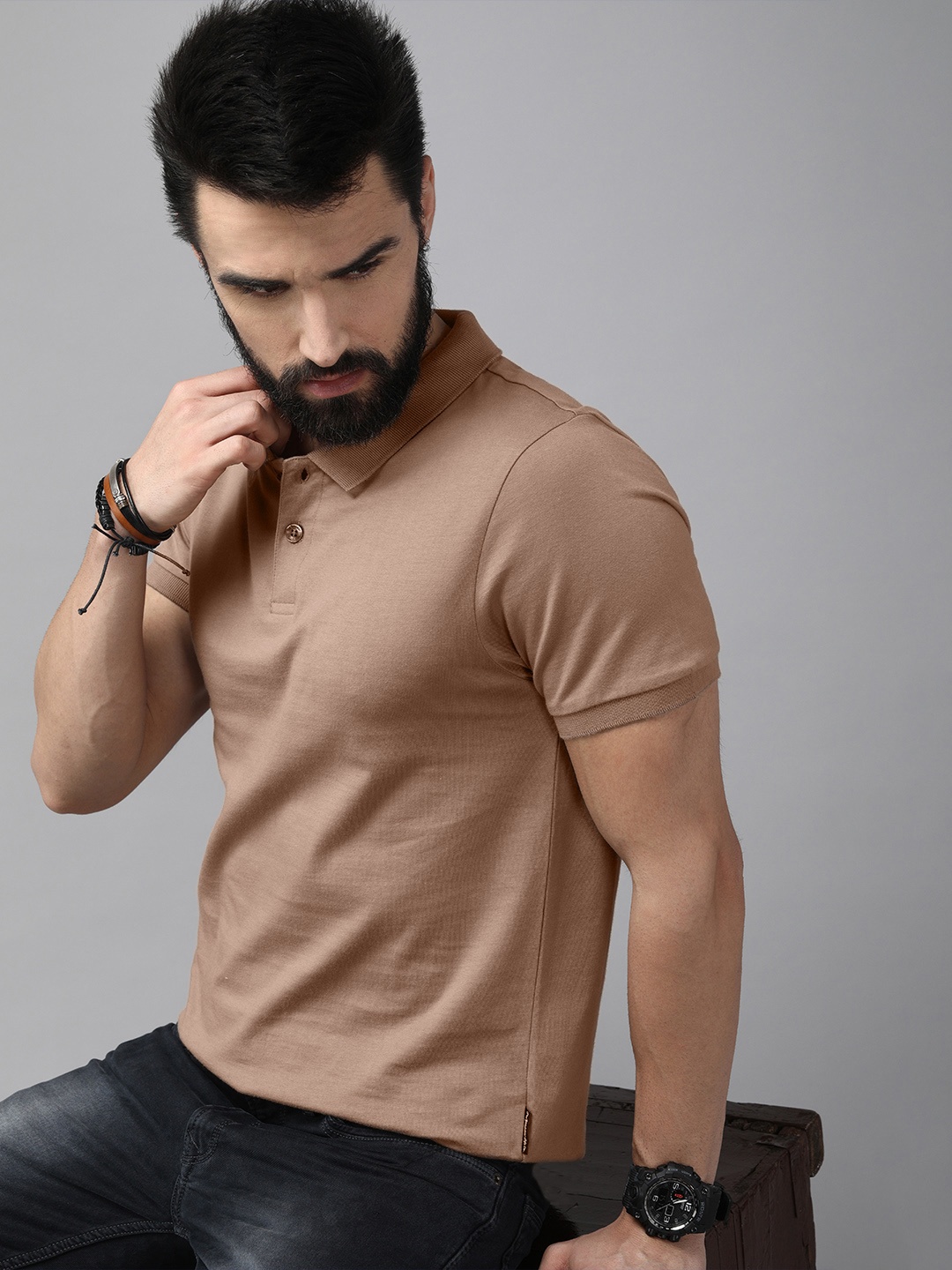 

Roadster Men Brown Polo Collar Pure Cotton T-shirt