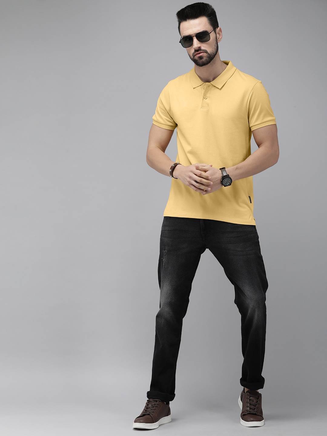 

The Roadster Lifestyle Co Men Yellow Polo Collar Pure Cotton T-shirt