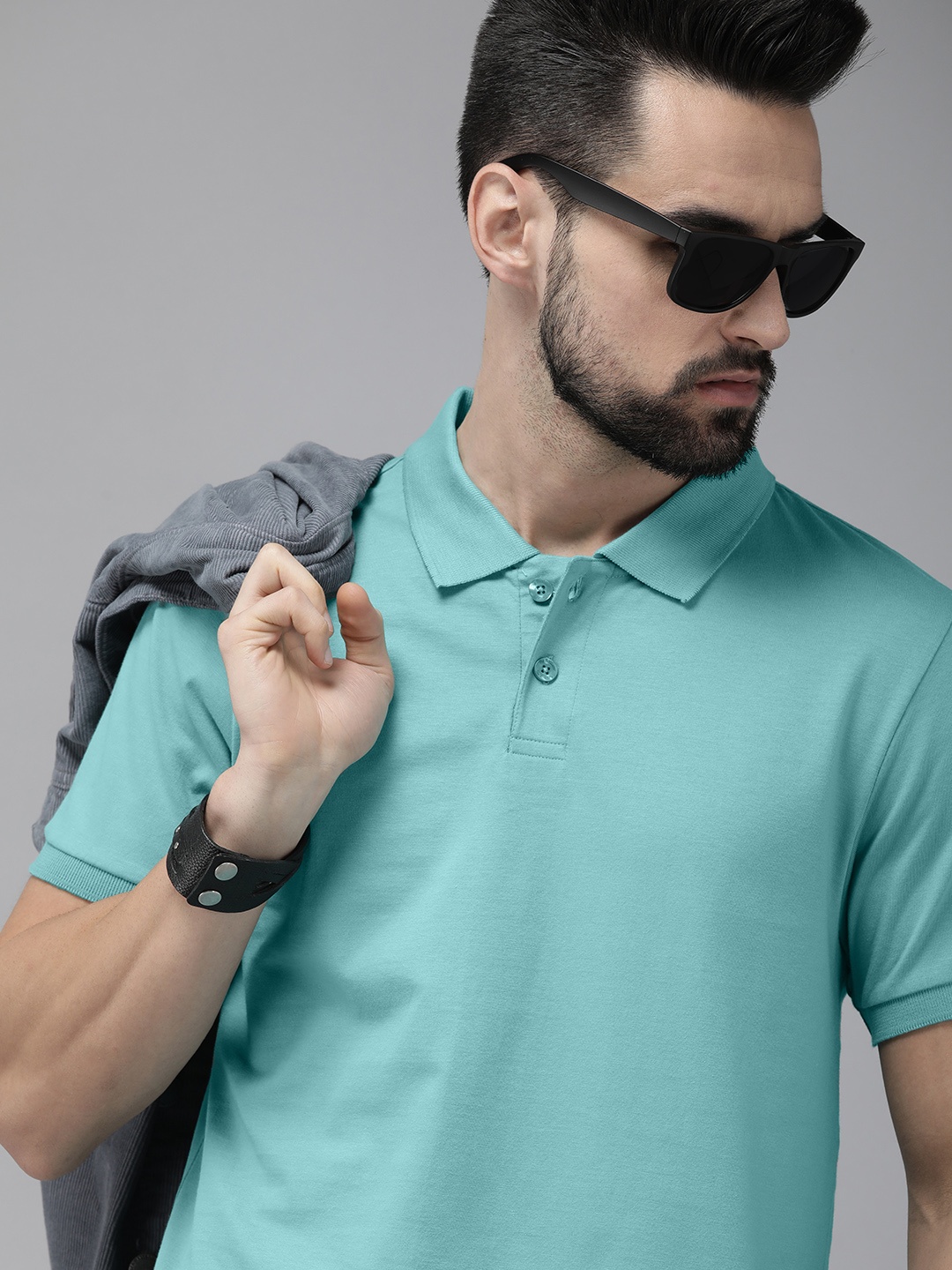 

The Roadster Lifestyle Co Men Teal Green Polo Collar Pure Cotton T-shirt