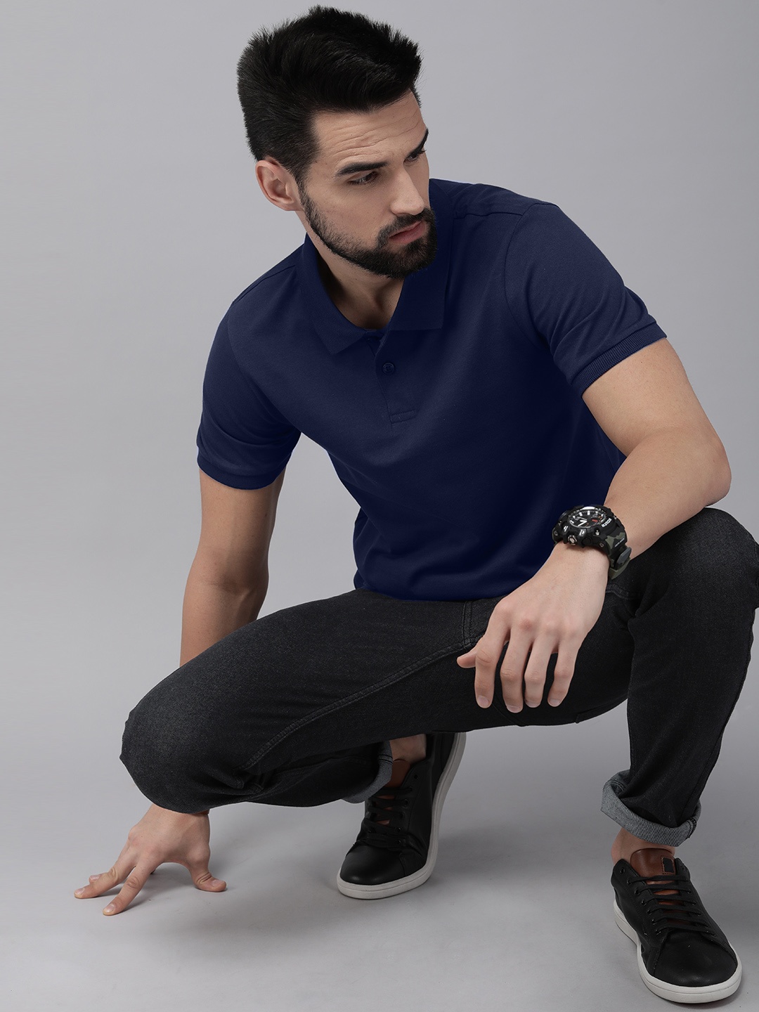 

Roadster Men Navy Blue Polo Collar Pure Cotton T-shirt