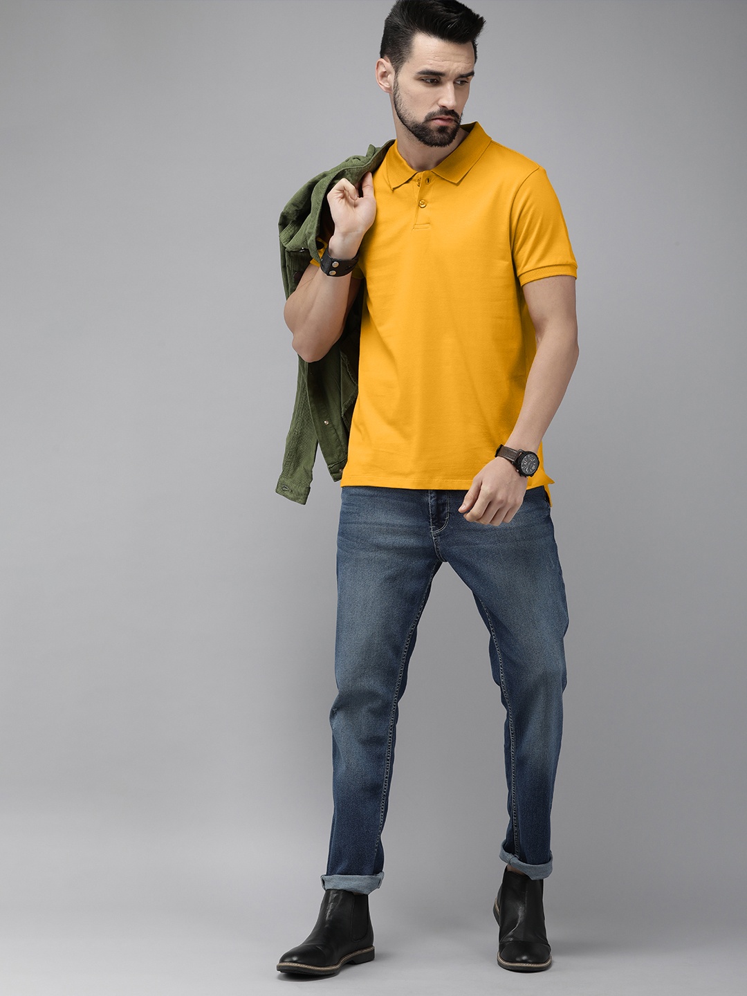 

The Roadster Lifestyle Co Men Mustard Yellow Polo Collar Pure Cotton T-shirt