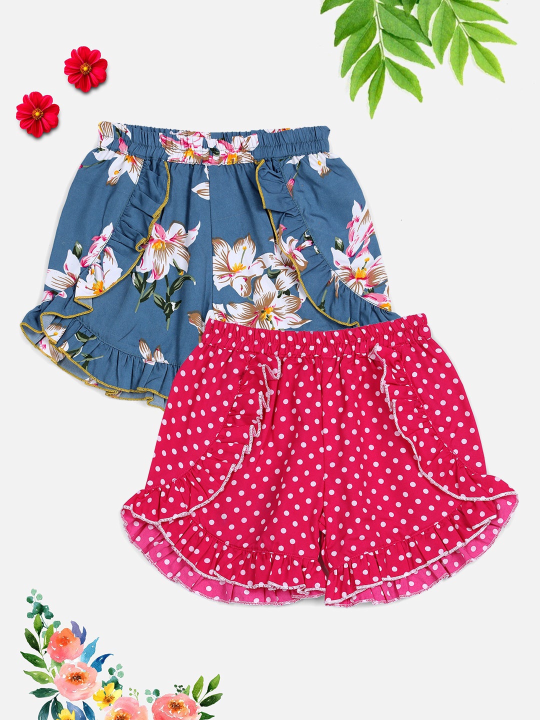 Cutiekins Girls Grey & Pink Set Of 2 Floral Printed Shorts